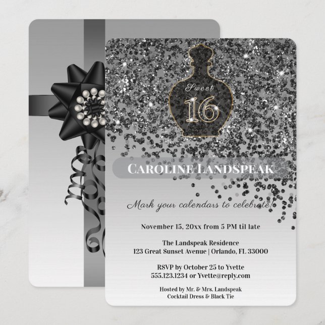 Sweet 16 Noir Perfume Bottle Black Glitter Silver  Invitation (Front/Back)
