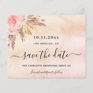 Sweet 16 pampas blush budget save the date flyer