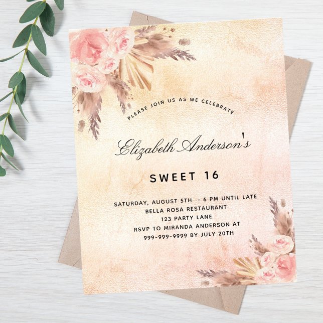Sweet 16 pampas grass blush budget invitation flyer (Creator Uploaded)