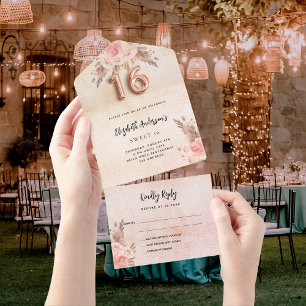 Sweet 16 pampas grass rose pink florals RSVP All In One Invitation
