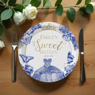 Sweet 16 Paper Plates Butterfly Royal Blue Dress
