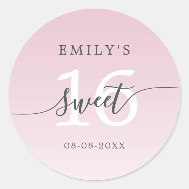 Sweet 16 Parfait Pink Ombre Custom Name Date  Classic Round Sticker (Front)