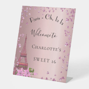 Sweet 16 Paris blush pink eiffel tower welcome Pedestal Sign