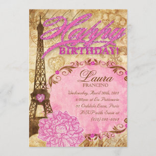 Sweet 16 Paris Eiffel Tower Vintage Flower Pink Invitation