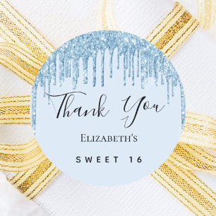 Sweet 16 party baby blue glitter Thank You Classic Round Sticker