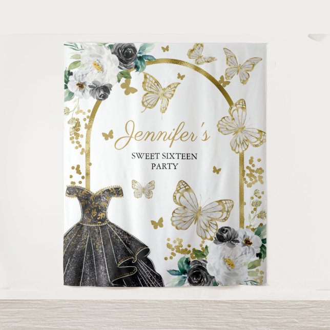 Sweet 16 Party Backdrop - Butterfly Floral Dress Tapestry (Front)