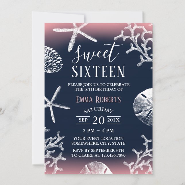 Sweet 16 Party Beach Coral Reef Starfish Navy Blue Invitation (Front)