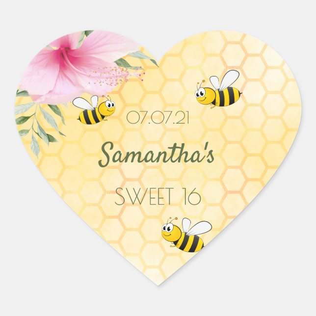 Sweet 16 party Bee Happy bumble bees honeycomb Heart Sticker (Front)