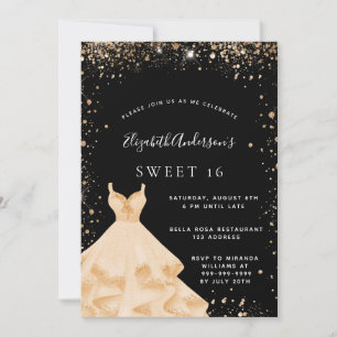 Sweet 16 party black gold glitter dress invitation