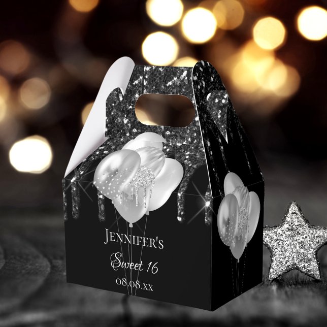 Sweet 16 party black silver glitter drips balloons favour box (Creator Uploaded)
