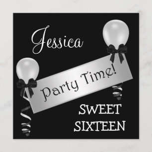 Sweet 16 Party Black White Silver Bows Balloons Invitation