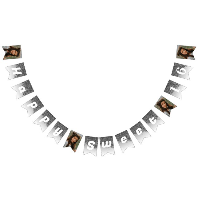 Sweet 16 Party, Chic Black Glitter & 4 Photos Bunting (All)