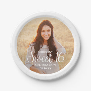 Sweet 16 Party Chic Trendy Script & Photo Modern Paper Plate