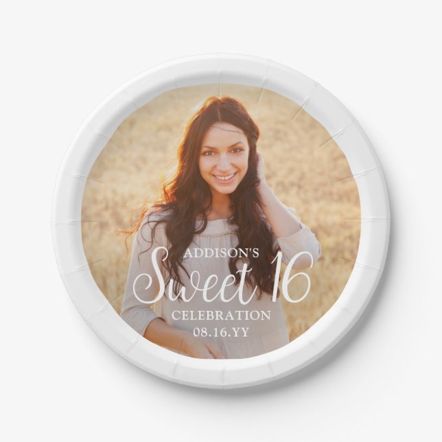 Sweet 16 Party Chic Trendy Script & Photo Modern Paper Plate (Front)