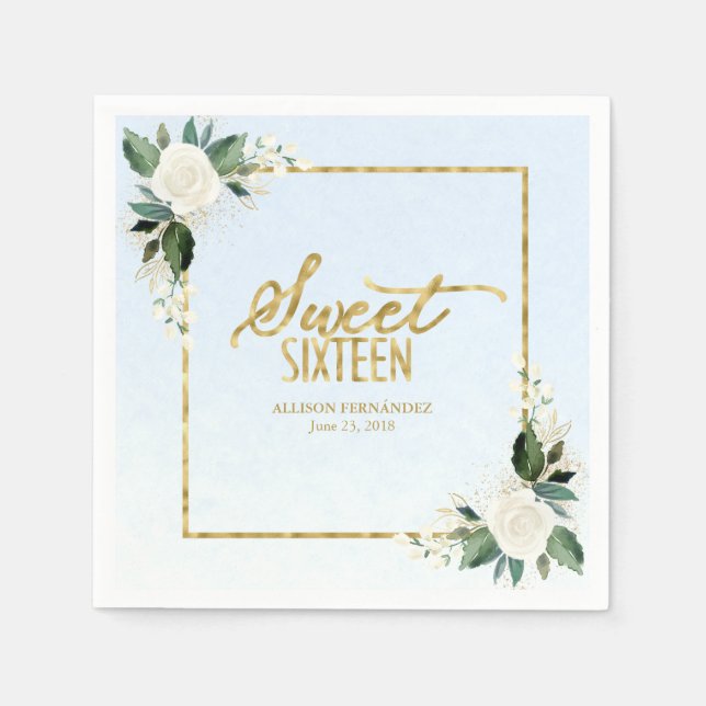 Sweet 16 Party Dusty Blue Gold Foil Floral Napkin (Front)