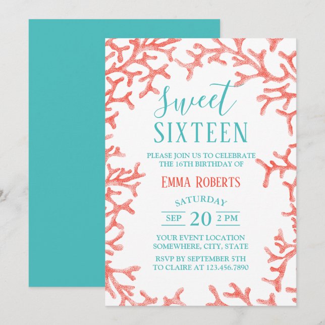 Sweet 16 Party Elegant Beach Coral Reef Birthday Invitation (Front/Back)