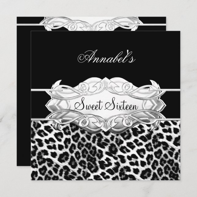 Sweet 16 Party Elegant Black White Leopard Invitation (Front/Back)