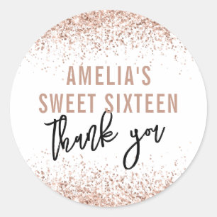 Sweet 16 Party Favour Sticker Rose Gold Glitter