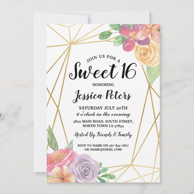 Sweet 16 Party Floral Gold Frame Summer Invite (Front)