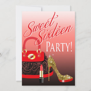 Sweet 16 Party Glitter Stiletto Purse & Lipstick Invitation