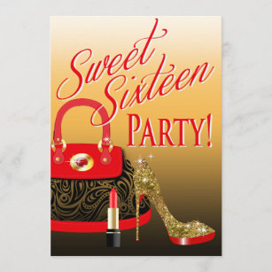 Sweet 16 Party Glitter Stiletto Purse & Lipstick Invitation