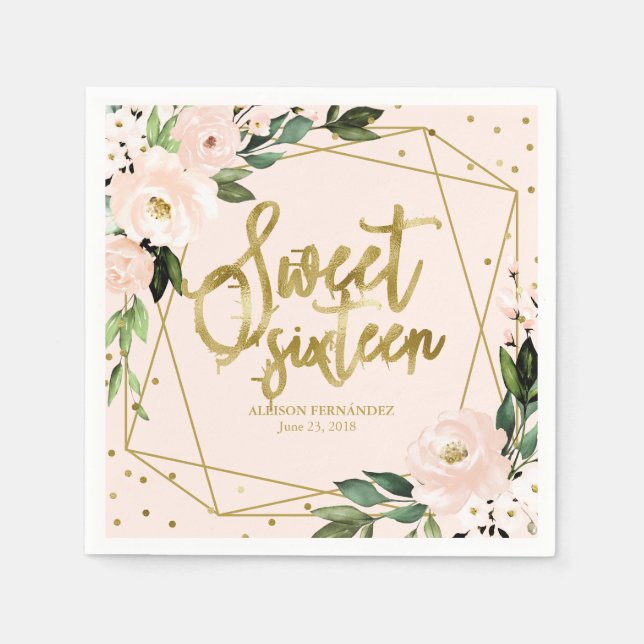Sweet 16 Party Gold Foil Blush Pink Floral Napkin (Front)
