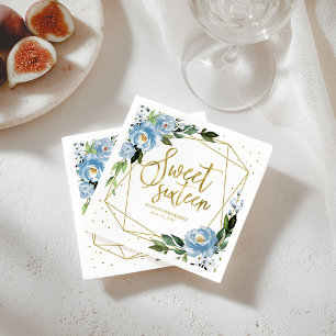 Sweet 16 Party Gold Foil Dusty Blue Floral Napkins