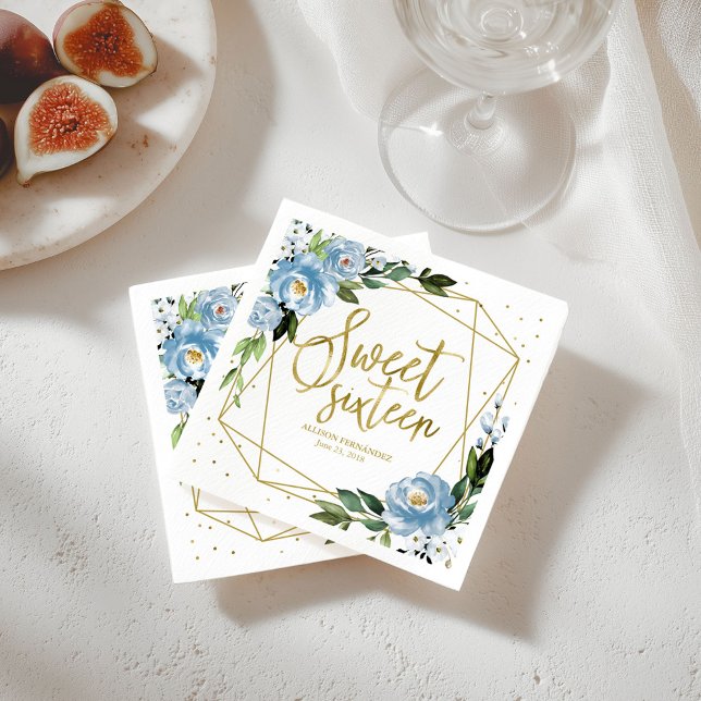 Sweet 16 Party Gold Foil Dusty Blue Floral Napkins (Creator Uploaded)