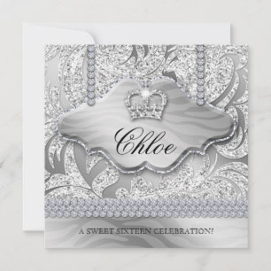 Sweet 16 Party Grad White Crown Jewellery Leaves Invitation