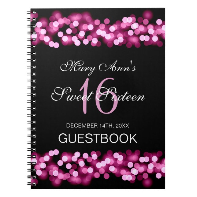 Sweet 16 Party Guestbook Hollywood Glam Pink Spiral Notebook (Front)