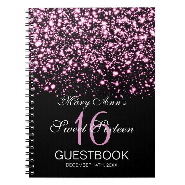 Sweet 16 Party Guestbook Midnight Glam Pink Spiral Notebook (Front)