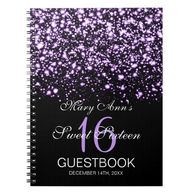 Sweet 16 Party Guestbook Midnight Glam Purple Spiral Notebook (Front)