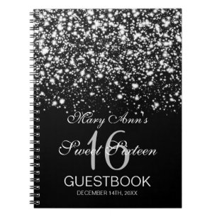 Sweet 16 Party Guestbook Midnight Glam Silver Spiral Notebook