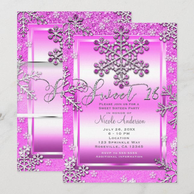 SWEET 16 Party Hot Pink Glitter Winter Snowflakes Invitation (Front/Back)
