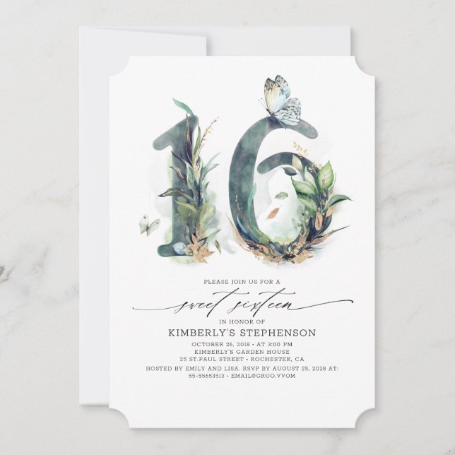 Sweet 16 Party Invitation - Greenery and Gold (Front)