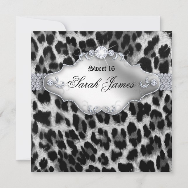 Sweet 16 Party Invite Leopard White Black (Front)