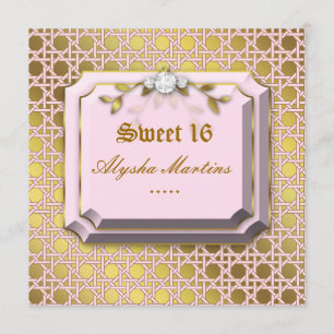 Sweet 16 Party Lattice Leaves Pink Jewel Gold Invitation