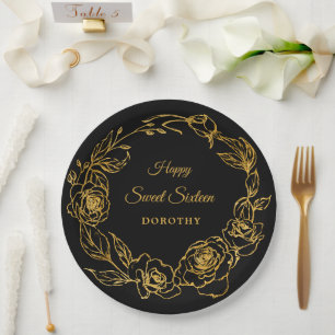 Sweet 16 Party Luxe Gold Rose Floral Black Paper Plate