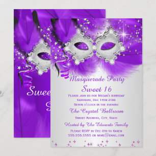 Sweet 16 Party Mask Purple Silver Masquerade Invitation