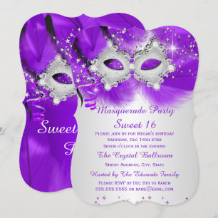 Sweet 16 Party Mask Purple Silver Masquerade Invitation