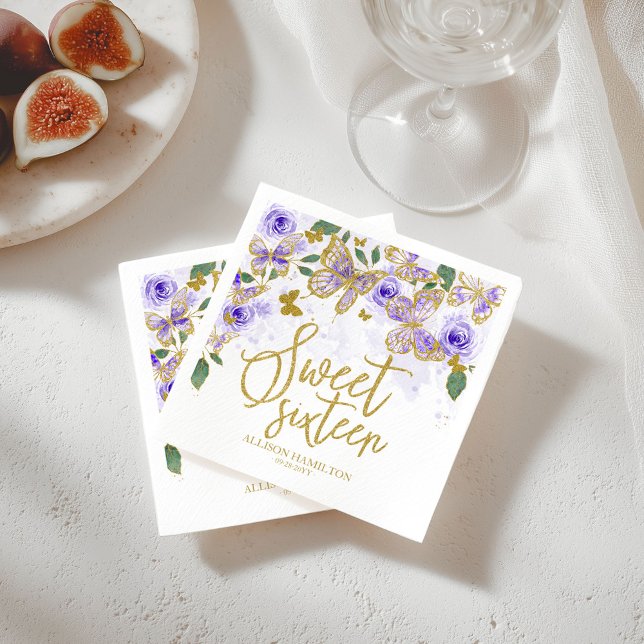 Sweet 16 Party Napkins Purple Butterfly Floral (Creator Uploaded)