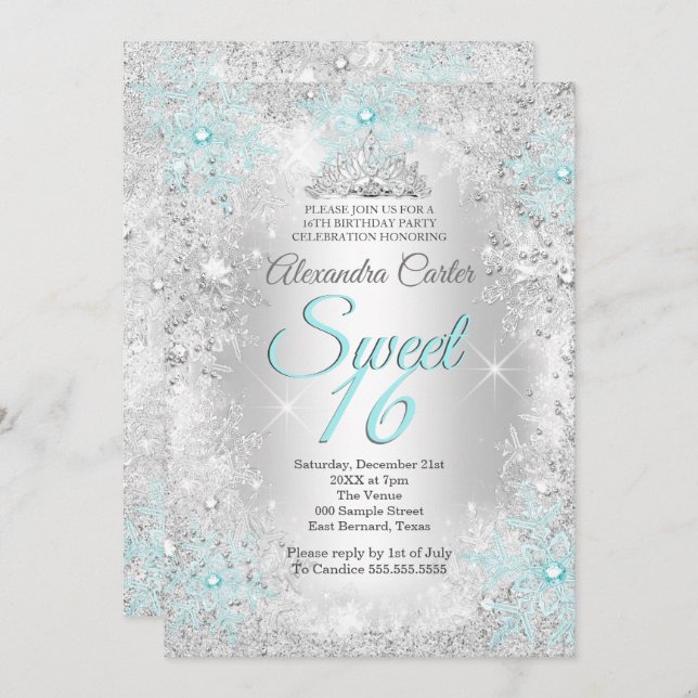 Sweet 16 Party Photo Silver Teal blue Snowflake Invitation (Front/Back)