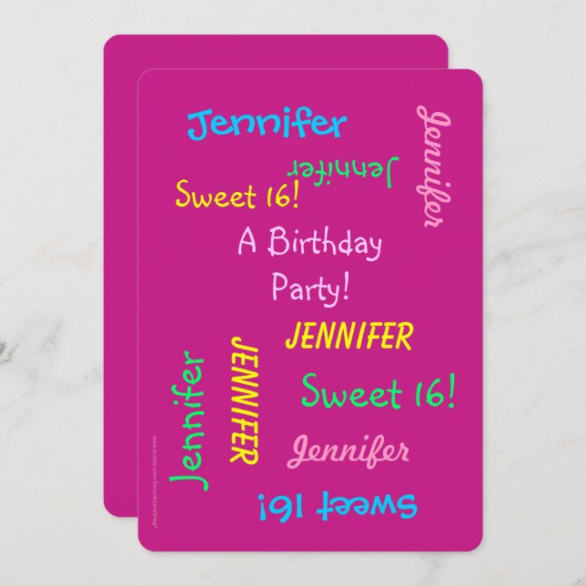 Sweet 16 Party Pink Invite, Personalised, Names Invitation (Front/Back)