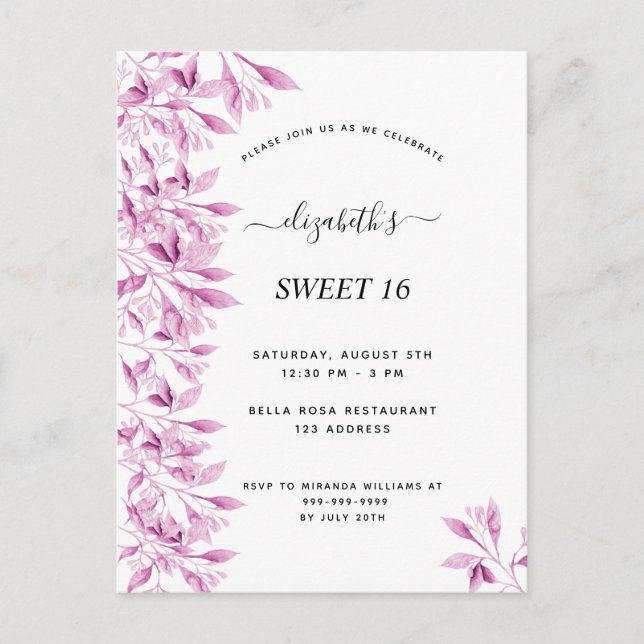 Sweet 16 party pink white botanical florals postcard (Front)