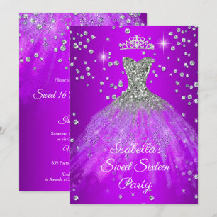 Sweet 16 Party Purple sparkle dress TIARA Invitation