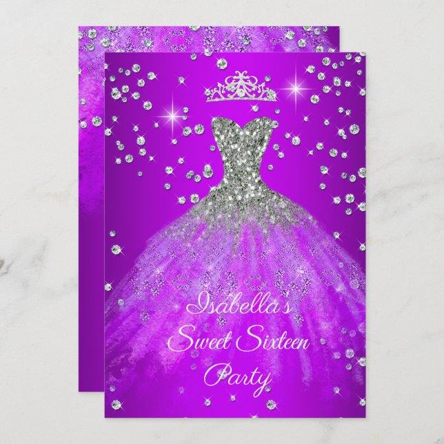 Sweet 16 Party Purple sparkle dress TIARA Invitation (Front/Back)