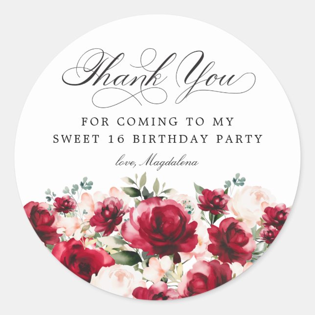 Sweet 16 Party Red Pink Floral Thank You Classic Round Sticker (Front)