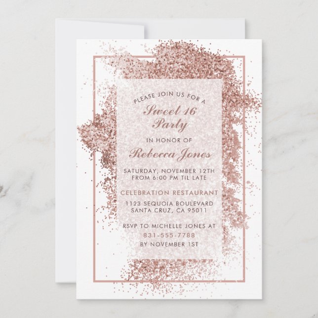 Sweet 16 Party Rose Gold Glitter & Elegant Script Invitation (Front)