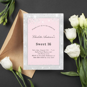 Sweet 16 party silver blush pink glitter invitation