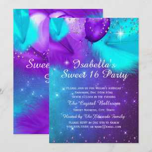 Sweet 16 Party Teal Purple Silver Balloons Invitation